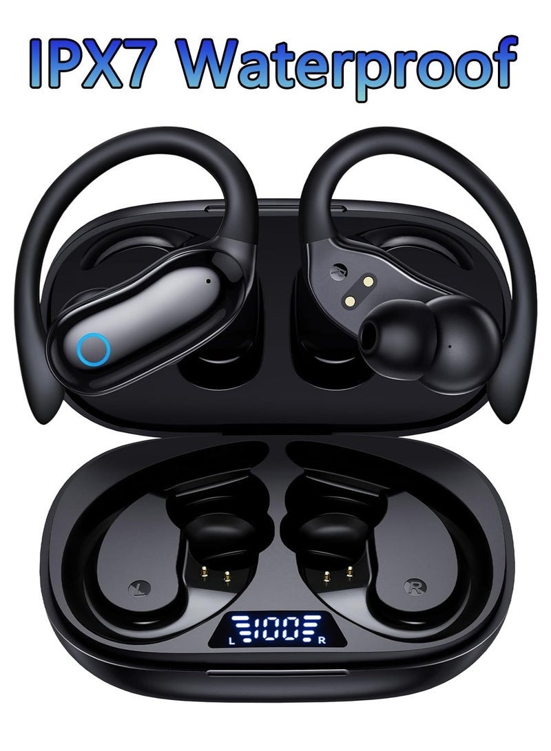 general Bluetooth Headphones, Playback Wireless Earbuds,8hours*3-4Times, IPX7 Waterproof Stereo Bass Over-Ear Earphones with Earhooks Microphone LED Battery Display for Sports/Workout/Gym/Running Black - Image 1