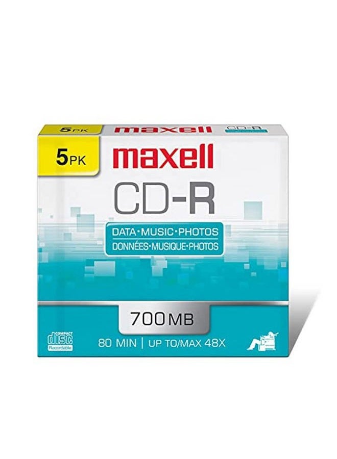Maxell – 648205, Polycarbonate Substrate CD-R Disc - High-Quality Media for Data Storage, Music & Archiving - 700MB/80 Min Capacity with 48X Write Speed - 5 Pack with Jewel Cases - Image 1