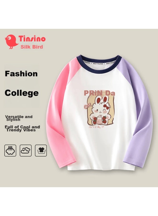 Tinsino Children's Long-sleeve T-shirt For Boys And Girls, Spring Two-tone Raglan Sleeve Top, Kids' Clothing, Strawberry Milk Tea Cat Desig - Image 1