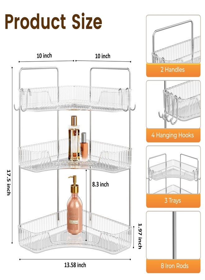 Kinkota 3 Tier Corner Bathroom Organizer Countertop, Plastic Bathroom Counter Organizer, Vanity Tray Sink Shelf with Hooks, for Makeup Storage (Clear) - Image 2