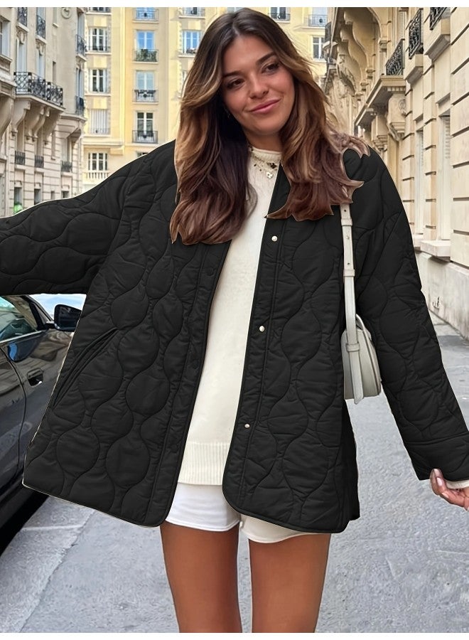Autumn And Winter New European And American Style Quilted Simple Solid Color Round Neck Loose Cotton Coat