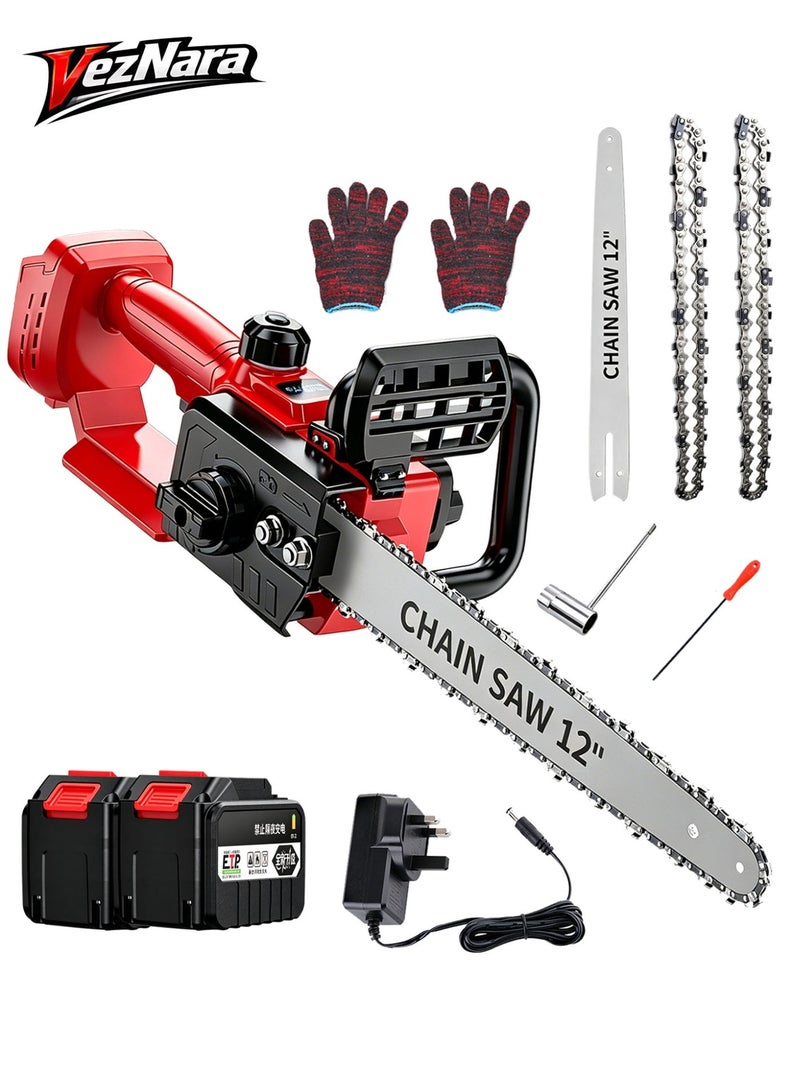 VezNara 12 Inch Cordless Chainsaw, Brushless Motor Electric Chain Saw with 2x 20V Lithium Batteries, Battery Level Display, Long Runtime, Tool-Free Chain Tension, Portable Wood Cutting Saw for Garden, Tree Trimming & Outdoor Use - Image 1