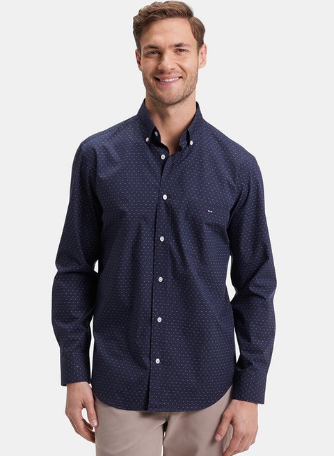 Straight-cut navy bow tie micro-patterned cotton shirt