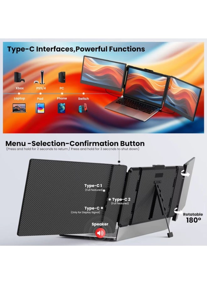12-Inch Mini Portable Monitor with FHD 1080P IPS Display, Dual USB-C, HDMI, Ultra-Slim Screen with Built-in Speakers – Lightweight Travel Display for Laptop, Phone, Console