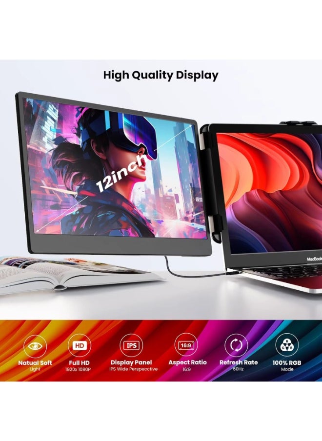12-Inch Mini Portable Monitor with FHD 1080P IPS Display, Dual USB-C, HDMI, Ultra-Slim Screen with Built-in Speakers – Lightweight Travel Display for Laptop, Phone, Console