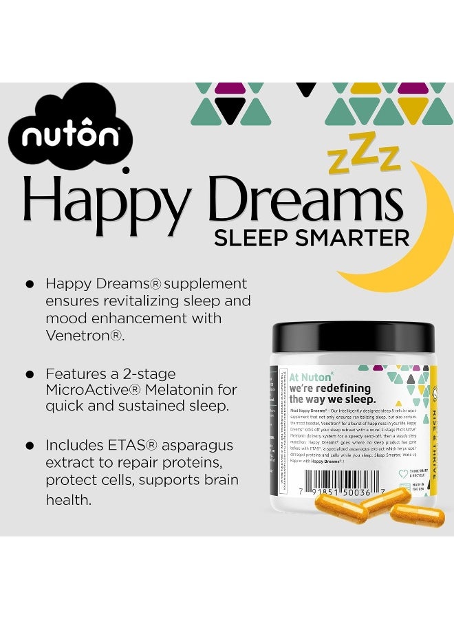 Nuton Happy Dreams Sleep Supplement - Natural Sleep Aids for Adults, Time Release Melatonin, ETAS Asparagus & Venetron Extract, Rest Support Supplement, Natural Aid for Adults, 60 Veggie Capsules - Image 2