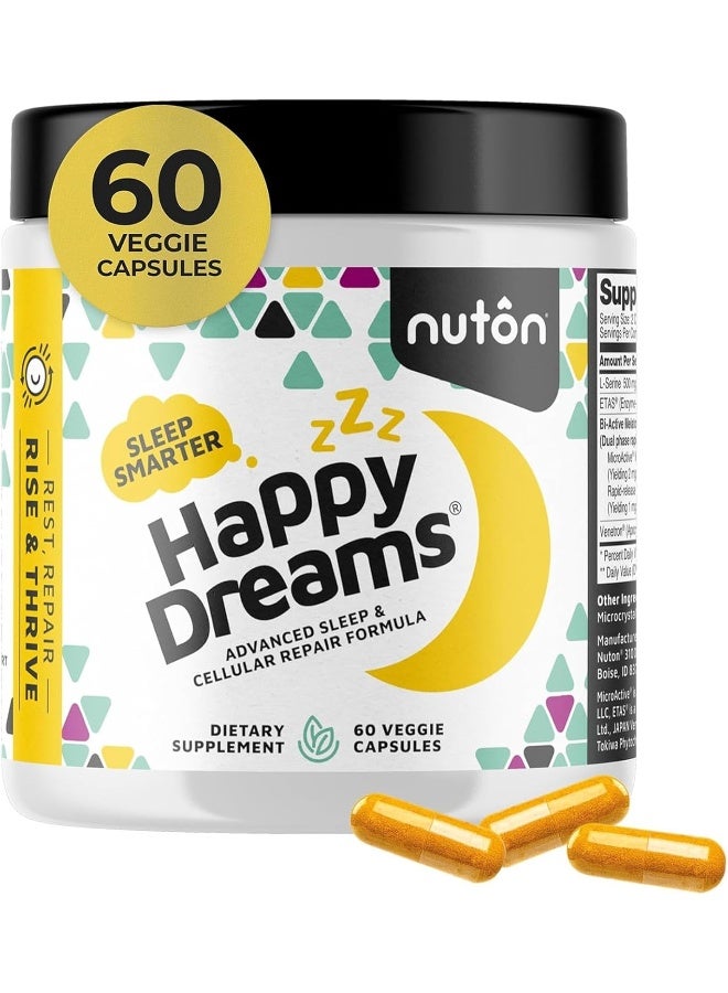 Nuton Happy Dreams Sleep Supplement - Natural Sleep Aids for Adults, Time Release Melatonin, ETAS Asparagus & Venetron Extract, Rest Support Supplement, Natural Aid for Adults, 60 Veggie Capsules - Image 1