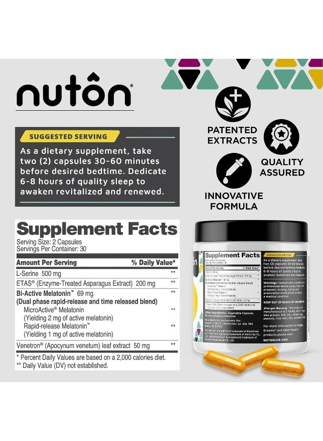 Nuton Happy Dreams Sleep Supplement - Natural Sleep Aids for Adults, Time Release Melatonin, ETAS Asparagus & Venetron Extract, Rest Support Supplement, Natural Aid for Adults, 60 Veggie Capsules - Image 3