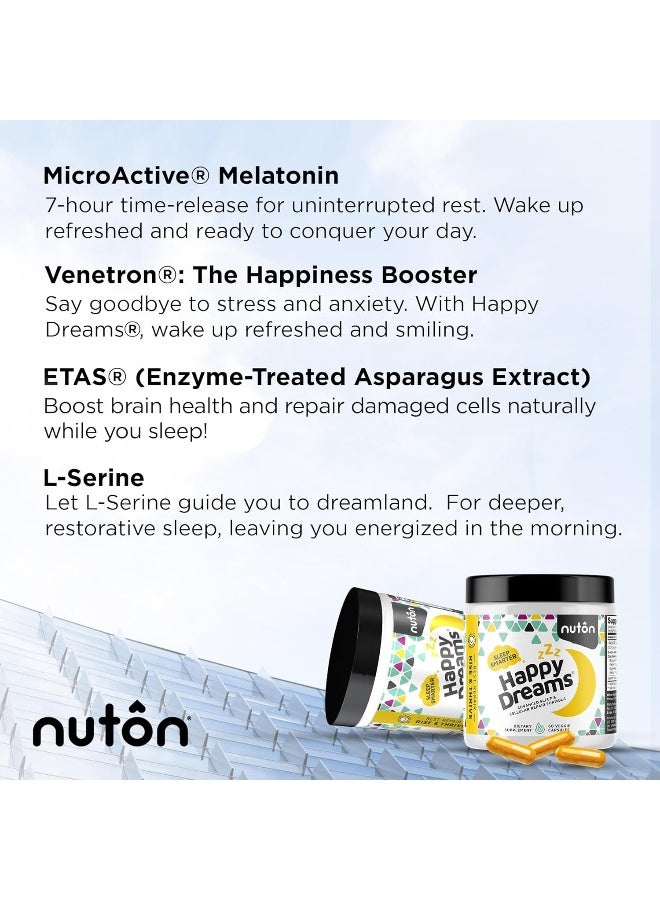 Nuton Happy Dreams Sleep Supplement - Natural Sleep Aids for Adults, Time Release Melatonin, ETAS Asparagus & Venetron Extract, Rest Support Supplement, Natural Aid for Adults, 60 Veggie Capsules - Image 5