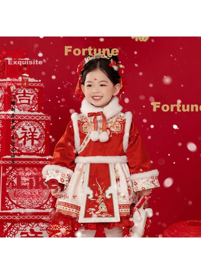 Menghu New Year Thickened Lolita Princess Dress For Girls Autumn Winter Red 140