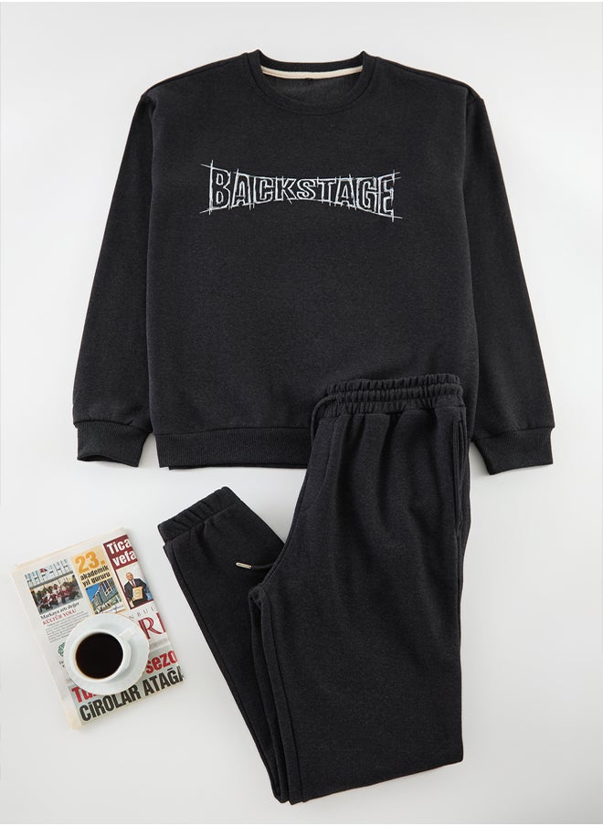 trendyol - Anthracite Oversize / Wide Cut Text Printed Tracksuit TMNAW25EM00009 - Image 1