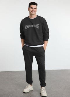 trendyol Anthracite Oversize / Wide Cut Text Printed Tracksuit TMNAW25EM00009  - Image 1