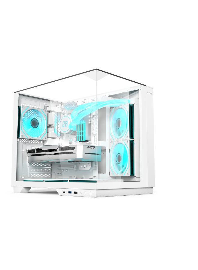 أيسر كيس كمبيوتر V330WH، كيس كمبيوتر ATX، لوح زجاج مقسّى أمامي وجانبي، 6 مراوح RGB مثبتة مسبقًا مع ريموت كنترول، هيكل فولاذ SPCC، 3 منافذ USB، يدعم لوحات ATX / M-ATX / ITX، كيس ألعاب أبيض - Image 1