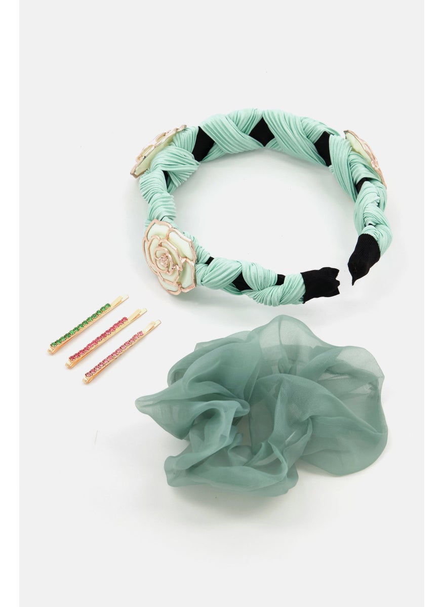 Orly Fashion Accessories Women 5 Pieces Embellished Head Band,Scrunci Pin Set, Mint Combo  - Image 2