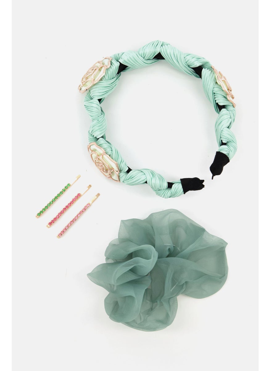 Orly Fashion Accessories Women 5 Pieces Embellished Head Band,Scrunci Pin Set, Mint Combo  - Image 1