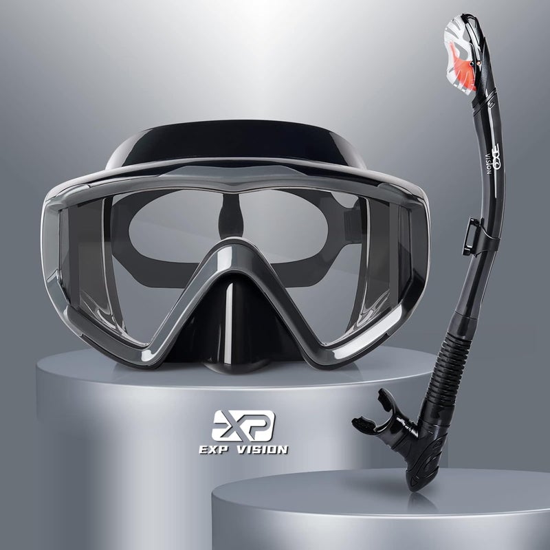 EXP VISION Trockenschnorchel-Set, Pano 3-Fenster-Schnorchelmaske, Anti-Fog-Taucherbrille und Schnorchel, professionelle Schnorchelausrüstung für Erwachsene - Image 1