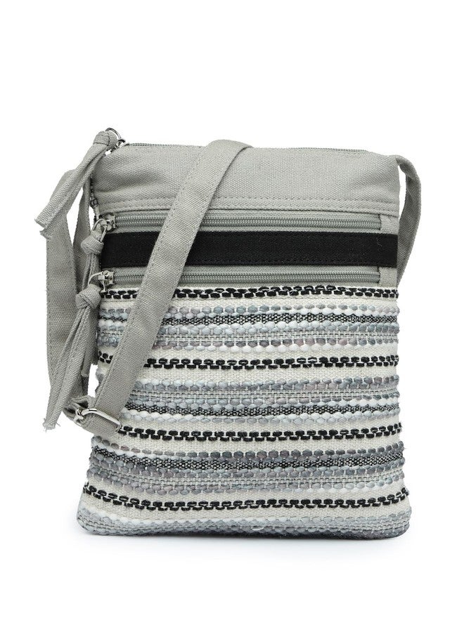 Anekaant Lines & Loops Acrylic Striped Grey Sling Bag for Women | Perfect for Outings, Temple Visits & Travel - Image 1