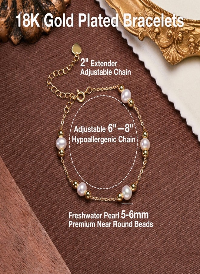 HENGSHENG Pearls Bracelets for Women 18K Gold Plated Freshwater AAAA Pearls Dainty Chain Link Bracelets - Double Golden Beads - Image 3