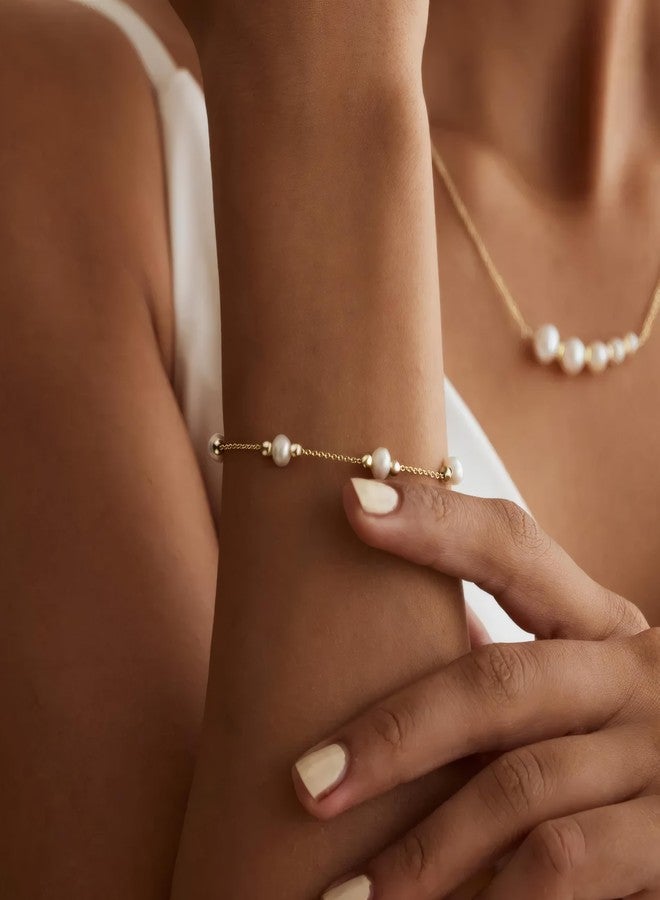 HENGSHENG Pearls Bracelets for Women 18K Gold Plated Freshwater AAAA Pearls Dainty Chain Link Bracelets - Double Golden Beads - Image 4