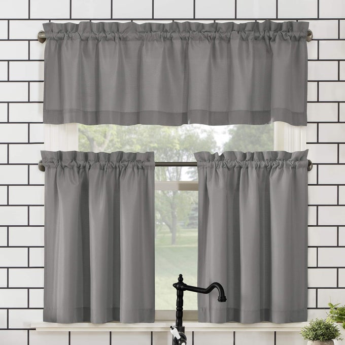NO 918 MARTINE MICROFIBER SEMISHEER ROD POCKET KITCHEN CURTAIN VALANCE AND TIERS SET 54 X 24 GRAY