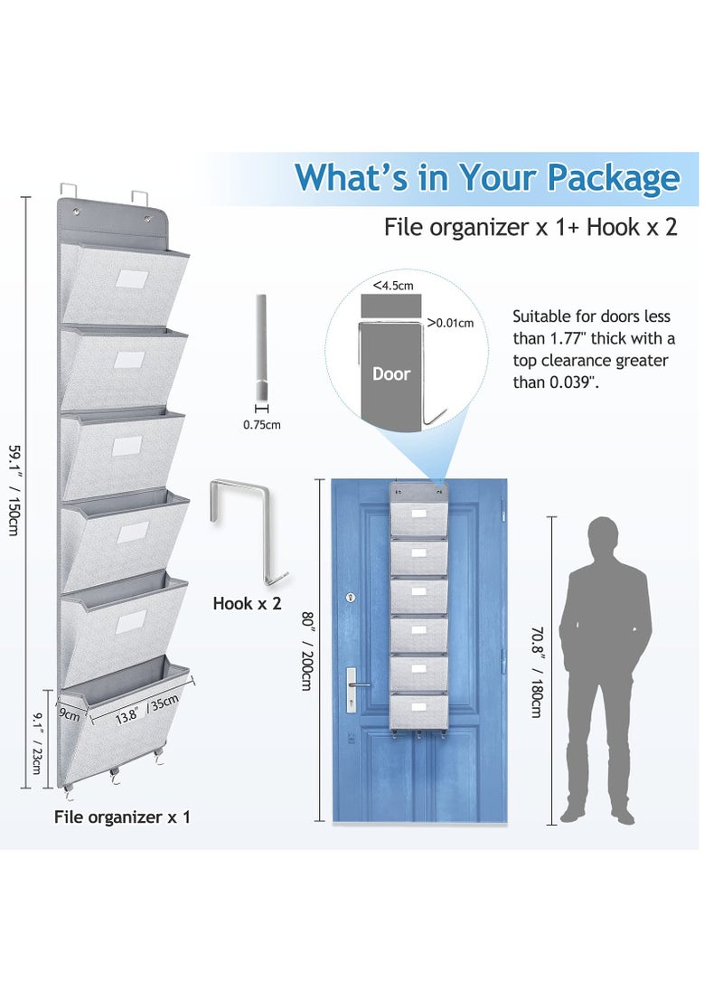 Excefore - Over The Door File Organizer, Mail Organizer Holder Wall Mount Hanging File Folders Storage Organize with 6 Pockets for Office, Home, Paper, Document, Chart, Grey - Image 1
