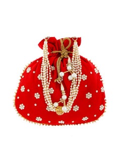 Kuber Industries Kuber Industries Ethnic Clutch Silk Potli Batwa Pouch Bag with Beadwork Gift For Women (Red) - CTKTC23078  - Image 1