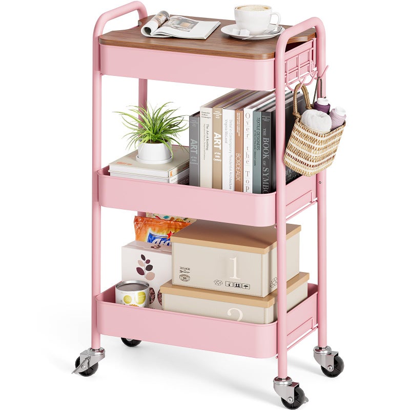 TOOLF 3 Tier Rolling Cart Metal Utility Cart with Wheels  Wooden Top Pink Organizer Cart Rolling Craft Storage Cart Serving Trolley Cart for Kitchen Office Bathroom Kids Room Bedside Pink