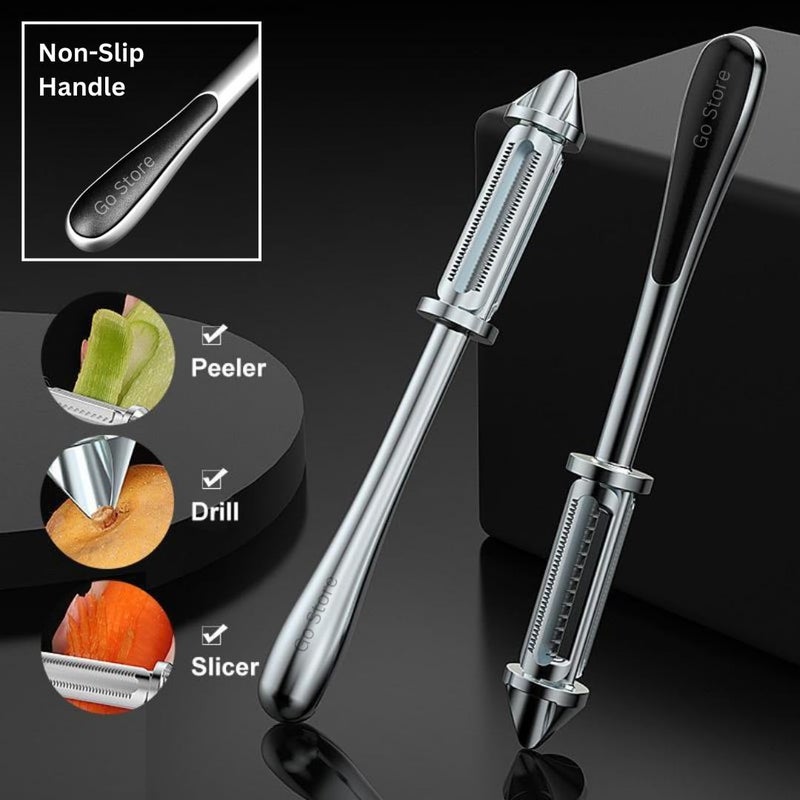 GO Store Stainless Steel Peeler for Vegetables and Fruits, 3 in 1 Multifunctional Julienne Peeler for Kitchen, Versatile Vegetable Peelers for Salad Preparation, Durable Vegetable Peeler - Image 2