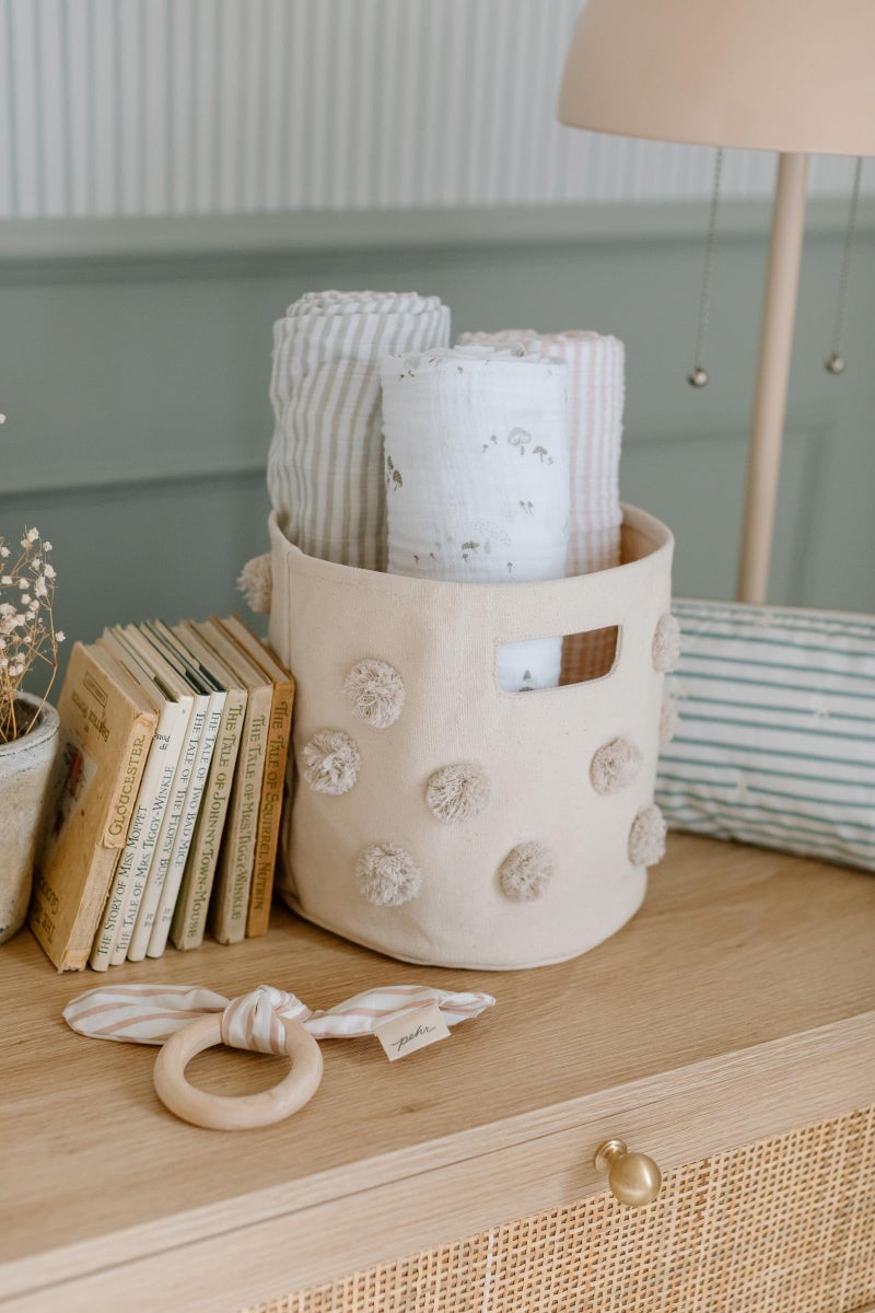 Pehr Pom Pom Basket, Mini (Grey) | 100% Cotton Canvas Storage for Nursery, Playroom & Home | Decorative Organizer | 8”D x 7”H - Image 5