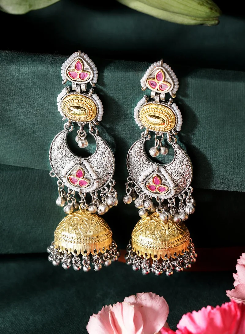 ISHIN Pink Colour Metallic Grey Plated Jhumka Earring