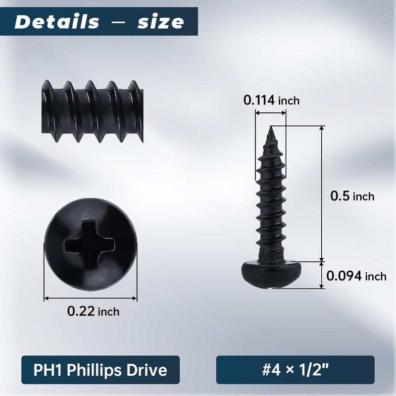 Glvaner #4 x 1/2 inch Phillips Pan Head Self Tapping Screws for Wood, Black Coated, 304 Stainless Steel 18-8, Round Head Sheet Metal Tek Screws, 100 pcs - Image 3