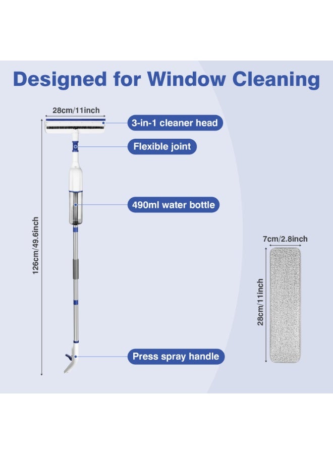 VINNYSEN مجموعة تنظيف النوافذ 3 في 1، زجاجة رذاذ 490 مل وعمود تمديد (1.26 متر)، ممسحة تنظيف مع 5 وسادات بديلة لتنظيف شاشة الأرضية الزجاجية - Image 3