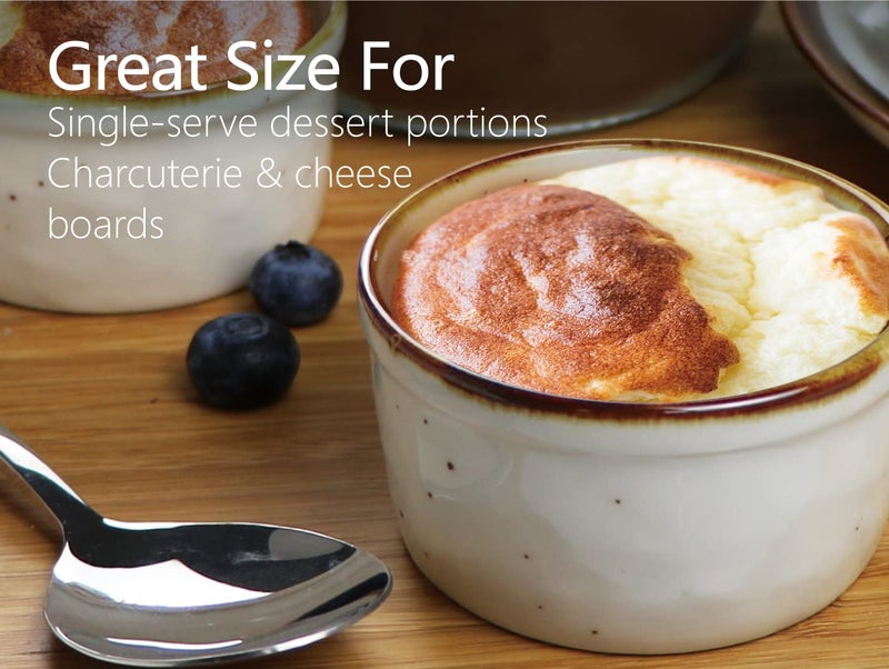 ONEMORE Ramekins 6 oz Oven Safe, Ceramic Souffle Dishes with Brown Rim, Speckled Baking Cups for Creme Brulee Pudding Custard Ice Cream Charcuterie Board Mini Bowls Set of 6 - Creamy White - Image 2