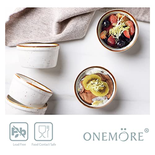 ONEMORE Ramekins 6 oz Oven Safe, Ceramic Souffle Dishes with Brown Rim, Speckled Baking Cups for Creme Brulee Pudding Custard Ice Cream Charcuterie Board Mini Bowls Set of 6 - Creamy White - Image 4