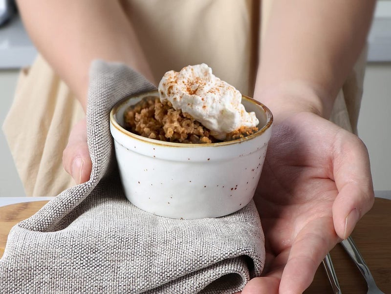 ONEMORE Ramekins 6 oz Oven Safe, Ceramic Souffle Dishes with Brown Rim, Speckled Baking Cups for Creme Brulee Pudding Custard Ice Cream Charcuterie Board Mini Bowls Set of 6 - Creamy White - Image 5