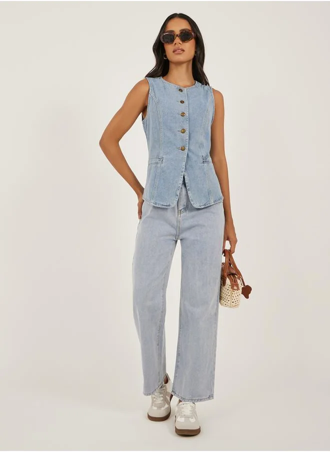 ستايلي Buttoned Denim Waistcoat with Pockets