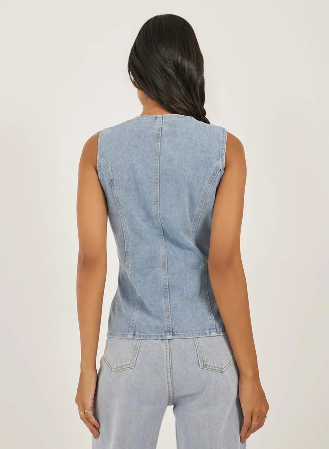 Styli Buttoned Denim Waistcoat with Pockets