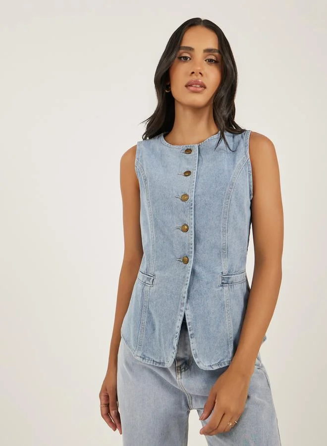 Styli Buttoned Denim Waistcoat with Pockets