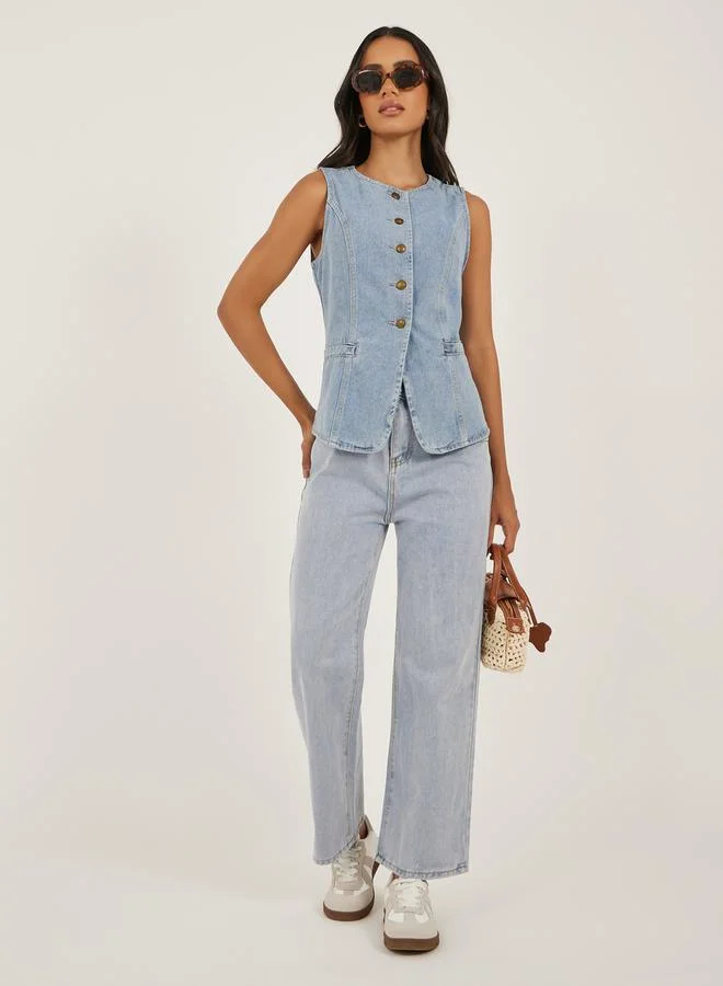 Styli Buttoned Denim Waistcoat with Pockets