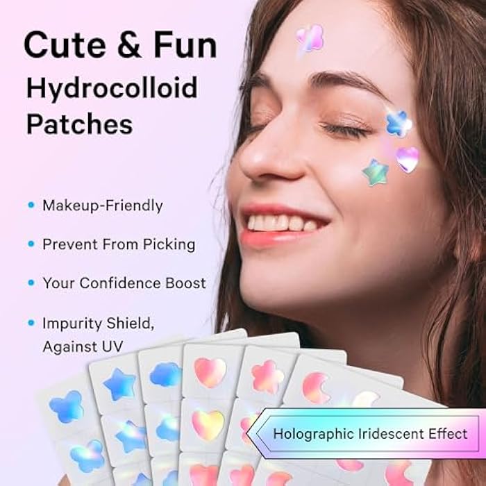 Sosky Hologram Pimple Patches for Face, Hydrocolloid Acne Patches with Salicylic Acid, Cute Star Zit Stickers,Colorful Blemish Covers,144 Count Blue Pink Star Heart Moon Cloud Butterfly Flower - Image 2
