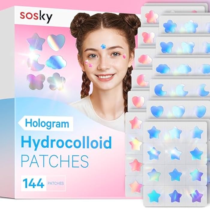 Sosky Hologram Pimple Patches for Face, Hydrocolloid Acne Patches with Salicylic Acid, Cute Star Zit Stickers,Colorful Blemish Covers,144 Count Blue Pink Star Heart Moon Cloud Butterfly Flower - Image 1