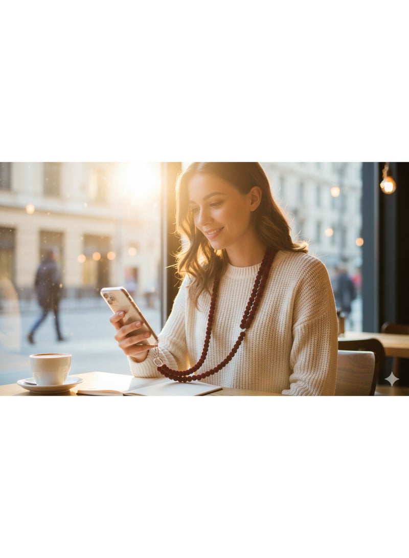 حبل تعليق للموبايل خرز مخملي لون نبيتي – ستراب طويل للرقبة والكتف مع علاقة كارت شفافة – مناسب لجميع الهواتف - Image 5