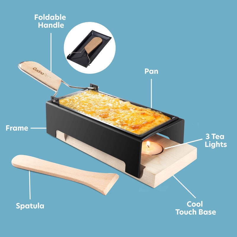CucinaPro Cheese Raclette w Foldable Handle- Candlelight Cheese Melter Pan w Spatula - Cool Touch Base with 3 Tea Lights- Melts in Under 4 Mins, Small Portable, Great for Dinner Parties, Appetizers, Xmas Gift - Image 2