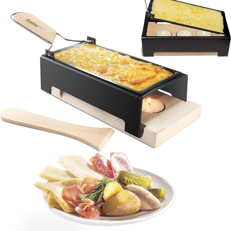 CucinaPro Cheese Raclette w Foldable Handle- Candlelight Cheese Melter Pan w Spatula - Cool Touch Base with 3 Tea Lights- Melts in Under 4 Mins, Small Portable, Great for Dinner Parties, Appetizers, Xmas Gift - Image 1