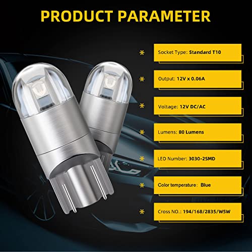 YM EBright EverBright T10 194 Car Interior Lights 168 W5W Led Bulb 3030 Chips 2825 LED Bulb Dome Map Trunk Door Courtesy Light Clearance License Plate Light No-Polarity,AC/DC 12V,Blue,Pack of 10 - Image 5