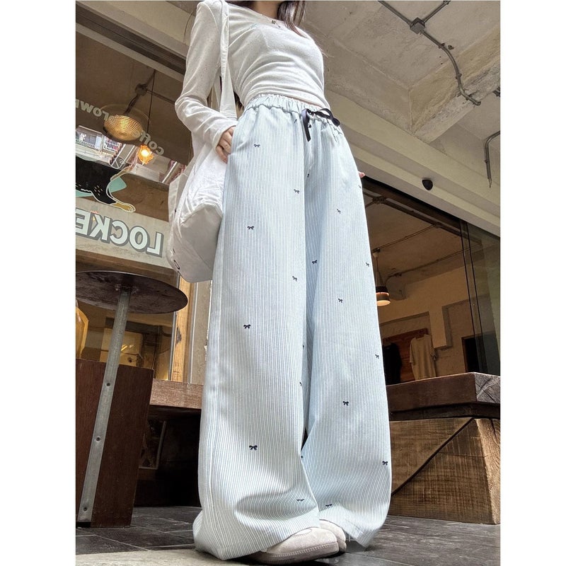 High Waist Wide Leg Pants Women's Bow Blue Striped Casual Loose Fit with Elastic Waist - Image 2
