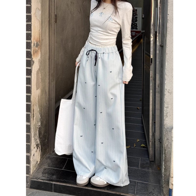 High Waist Wide Leg Pants Women's Bow Blue Striped Casual Loose Fit with Elastic Waist - Image 4