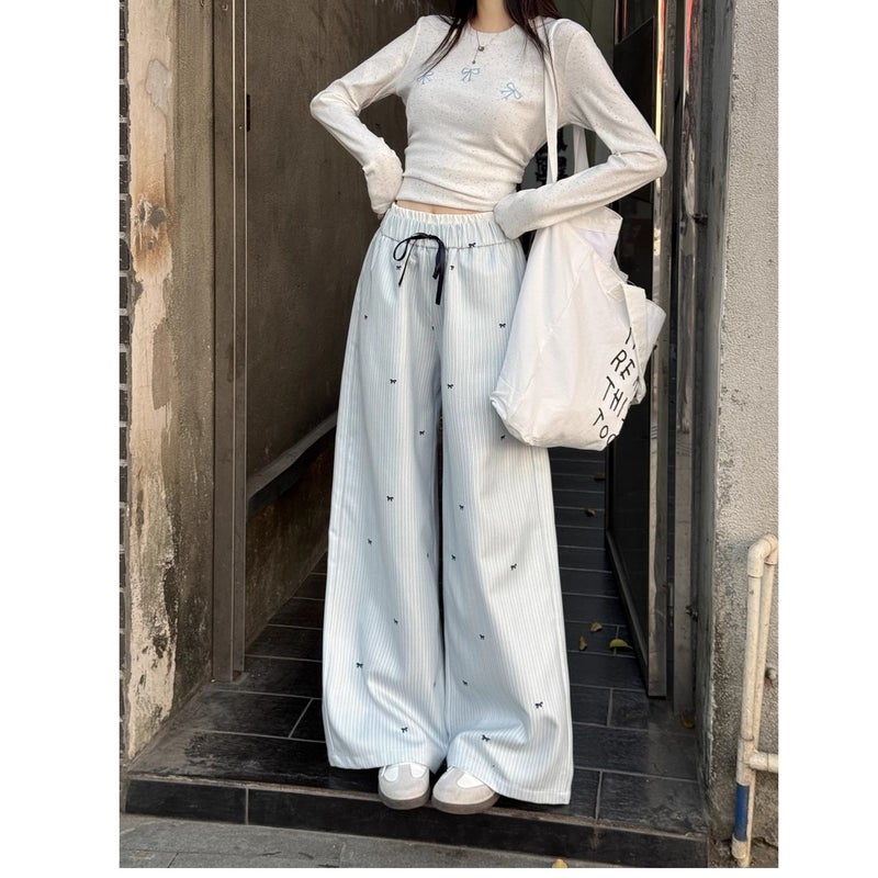 High Waist Wide Leg Pants Women's Bow Blue Striped Casual Loose Fit with Elastic Waist - Image 3