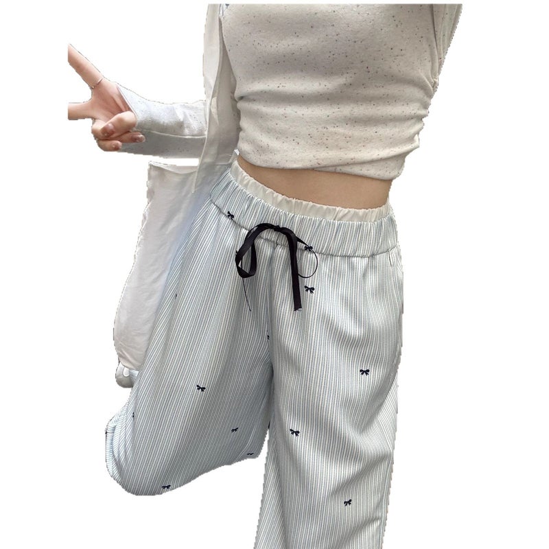 High Waist Wide Leg Pants Women's Bow Blue Striped Casual Loose Fit with Elastic Waist - Image 5