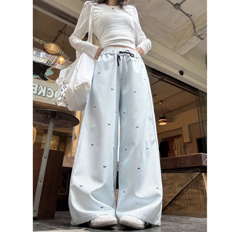 High Waist Wide Leg Pants Women's Bow Blue Striped Casual Loose Fit with Elastic Waist - Image 1
